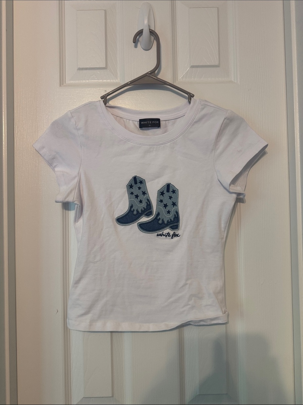 White baby Tee with Blue Cowboy Boot Patch